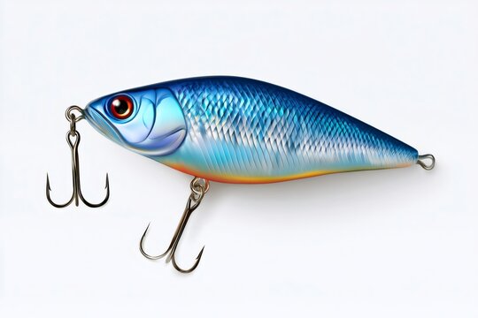 Blue artificial fishing lure with treble hooks