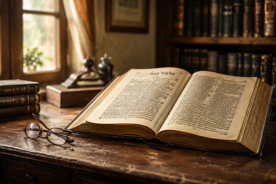 An old wooden desk with an open Talmud volume and reading glasses.