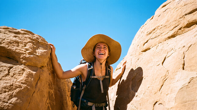 Young woman hiking in canyon with wide brim hat smiling