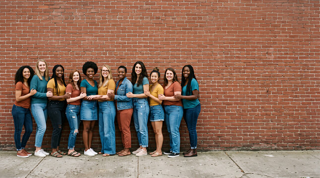 Diverse group of women standing together against red brick wall
