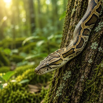 Beautiful patterned python climbing along a mossy tree trunk in the forest.
