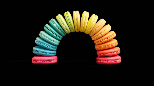 Rainbow arch of colorful macarons on black background isolated on transparent background - A striking rainbow-colored arch of French macarons set against a dark background for food photography.