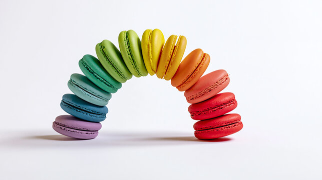 Rainbow arch of colorful macarons on white background isolated on transparent background - An elegant arch of vibrant macarons arranged in a rainbow spectrum, perfect for bakery marketing content.