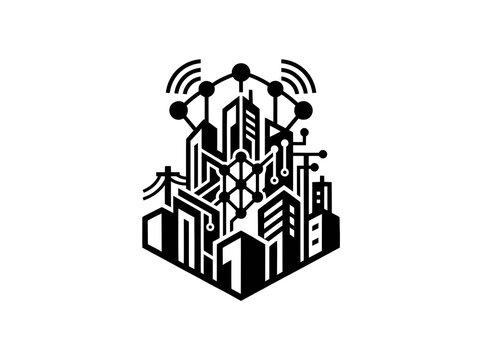 Urban Technology Smart City Glyph Logo with Connected Buildings, Wireless Network, and Digital Data Infrastructure