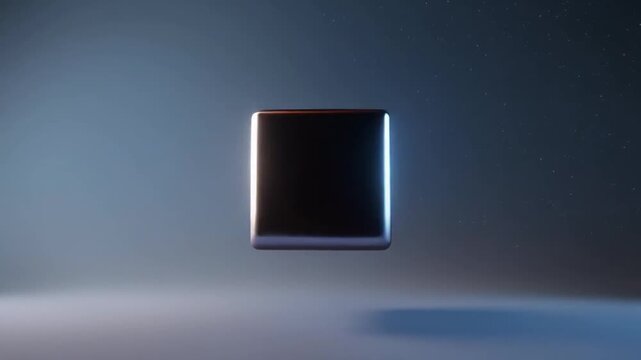 Rotating metallic cube with reflective surfaces in futuristic ambiance