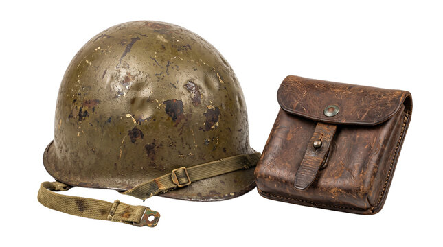 Vintage military steel helmet and leather ammo pouch, authentic olive drab combat gear, weathered army equipment on white background