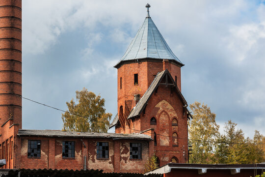 Historic red brick tower of former psychiatric hospital in Gvardeysk, Kaliningrad Oblast. Russia
