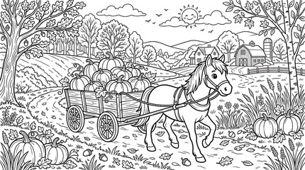 Obraz premium A black and white coloring page of a pony pulling a wooden wagon filled with pumpkins through a farm landscape with a barn and autumn trees