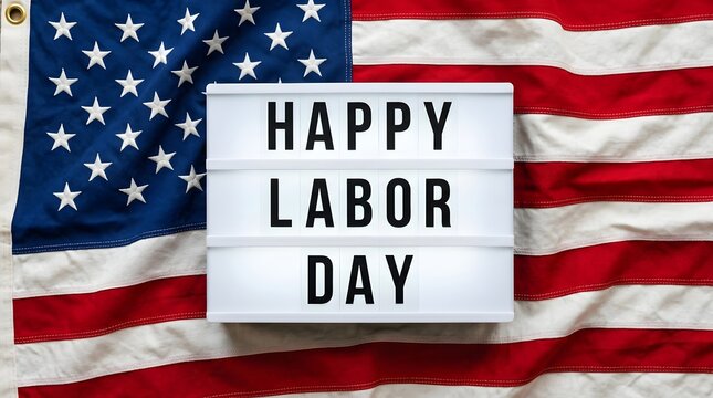 A lightbox sign with the text happy labor day placed on top of a folded american flag background