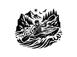 Fototapeta premium Woodcut Style Kayaker Monochromatic Illustration for Outdoor Whitewater Sports and Adventure Recreation