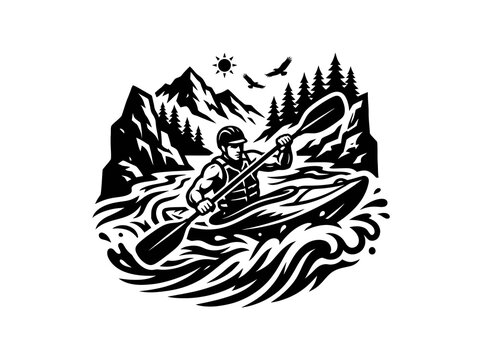 Woodcut Style Kayaker Monochromatic Illustration for Outdoor Whitewater Sports and Adventure Recreation