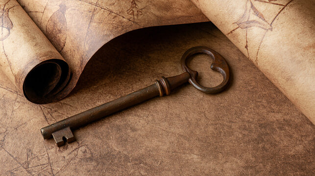 Vintage Skeleton Key on Old Parchment Map on transparent background, symbolizing exploration, forgotten secrets, history, and travel.