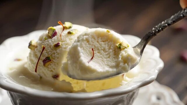 Spoon Scooping Creamy White Ice Cream Garnished with Saffron and Pistachio