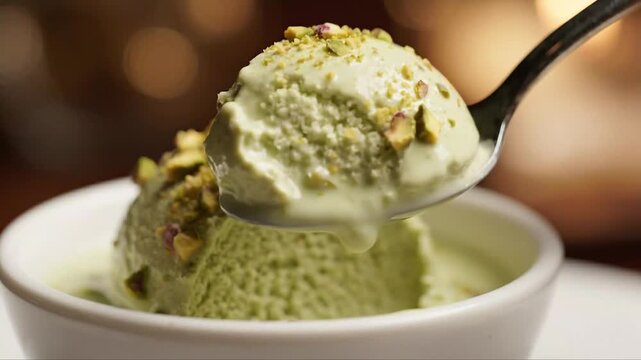 Close Up of Spoon Scooping Green Pistachio Ice Cream in White Bowl
