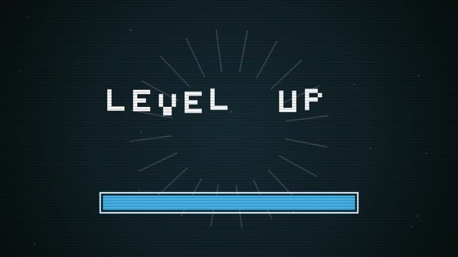 Green LEVEL UP text with progress bar on black background, representing video game achievement, experience gain, and gaming progress motion graphic.
