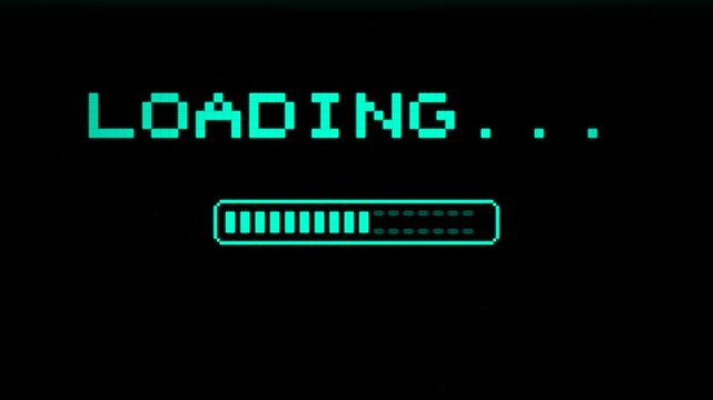 Teal LOADING pixel text with progress bar on black background, representing video game loading, software installation, and app loading motion graphic.