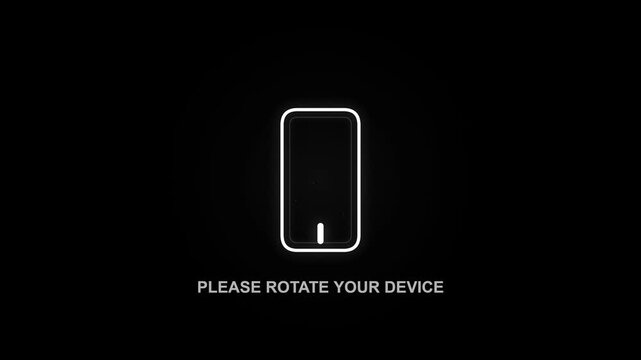 White phone rotate icon with please rotate your device text on black background, representing mobile orientation, landscape mode, and app interface prompt motion graphic.