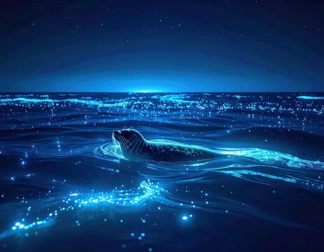 Seal swimming through bioluminescent glowing blue ocean water.