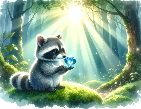 Small raccoon holding blue gem in sunlit forest.