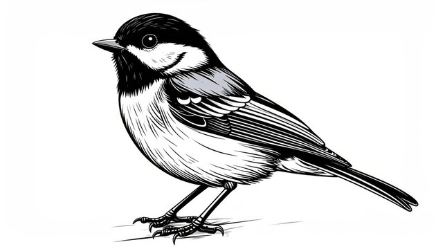 Detailed chickadee bird ink drawing illustration.