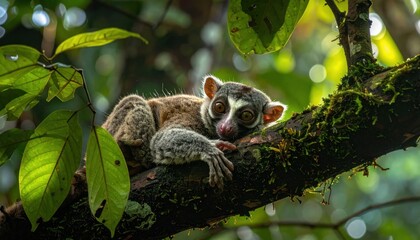 Naklejka premium Small lemur resting on mossy tree branch in forest.