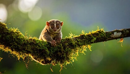 Obraz premium Slow loris sitting on moss covered tree branch.
