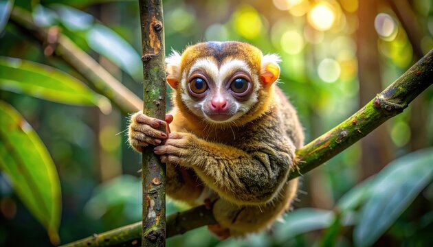 Slow loris clinging to tree branch in tropical forest.