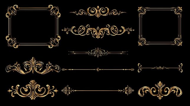 Set of luxury gold ornamental frames and dividers on black background, elegant vector borders with corners, swirls and flourishes for premium invitation and certificate design Stock Vector