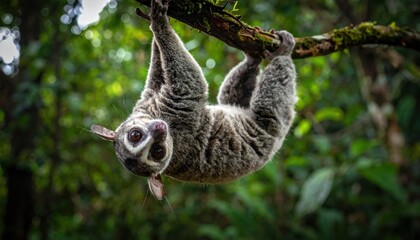 Obraz premium Slow loris hanging upside down from forest tree branch.