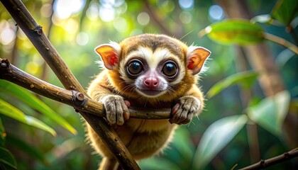 Obraz premium Small tarsier primate clinging to branch in tropical forest.