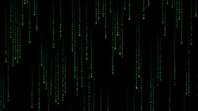 Green falling digital code on black background, representing hacking, cybersecurity, programming, and matrix technology motion graphic.