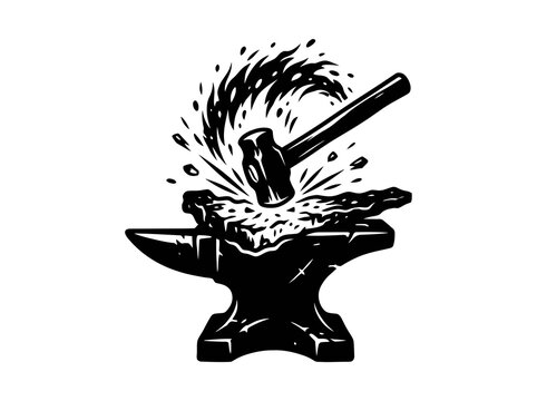 Blacksmithing Metalworking Hammer Striking Anvil Icon with Sparks - Black  White Graphic Vector Illustration