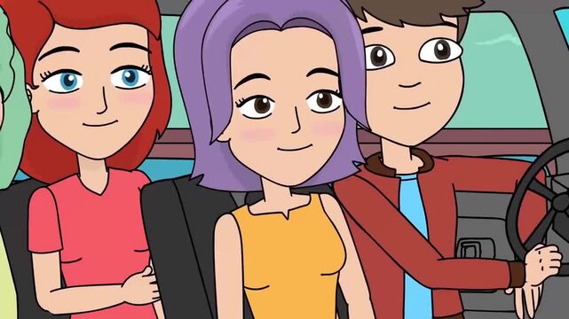2D animation inside view of young friends riding in a car chatting and smiling together road trip travel concept