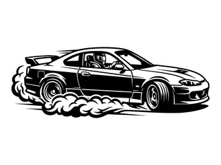 Fototapeta premium Black and White Drift Car with Smoke, Vector Art, Automotive Racing Style