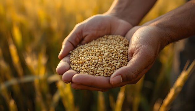 Farmer's hands holding harvested wheat grains in field