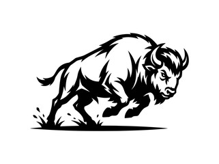Fototapeta premium Dynamic Sports Mascot: Charging Bison Buffalo Animal Black White Line Art Vector Graphic Design Element