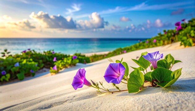 Purple ipomoea on beach. Wild purple trumpet flowers blooming along a tropical sandy coastline under a scenic sunny horizon.