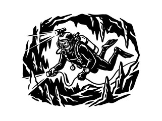 Fototapeta premium Scuba Cave Diver Exploring Underwater Cavern with Lights - Black and White Engraving