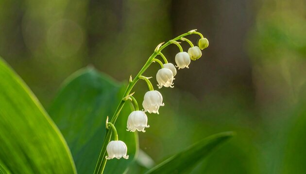 Spring lily of the valley. Delicate white convallaria blossoms hanging from a curved stem with a dark green forest background.