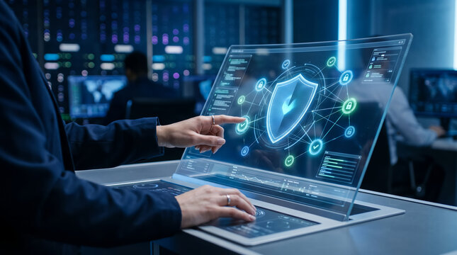 A programmer uses a sophisticated computer with a cybersecurity shield icon on its screen to secure server data. 