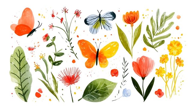 Spring-colored hand-drawn style design layout and watercolor asset set Stock Vector