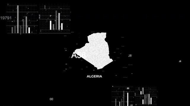 Algeria map animation showcasing economy, infrastructure, technology, population, energy, trade, and national development data for presentations, films, documentaries, and motion graphics.