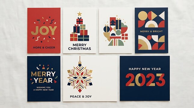 A collection of six festive holiday greeting cards featuring geometric christmas and new year in red, gold, and navy blue colors