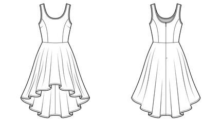 Fototapeta premium Dress Fashion Technical Flat Sketch Front and Back Views Vector Illustration for Patternmaking, Sewing and Apparel Design