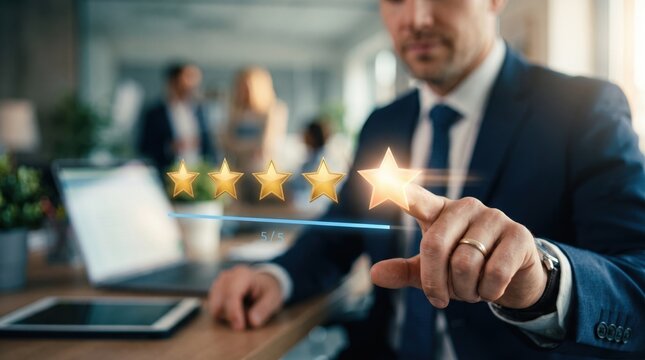Five Star Rating: A businessman in a sharp suit gives a perfect five-star rating by touching the glowing star, representing excellent customer service and high satisfaction.