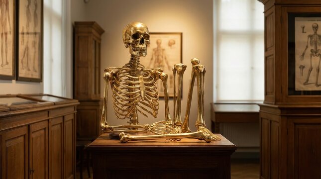 Polished Brass Anatomical Skeleton Model on Display in a Museum Setting