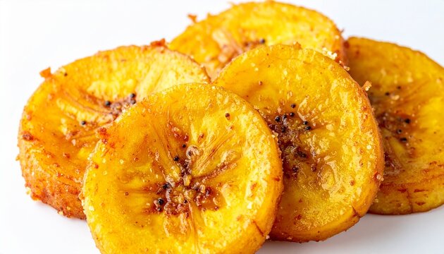 Sweet fried plantain rounds. Classic ivorian aloko recipe showing freshly cooked sweet plantain slices with caramelized edges on a bright background.