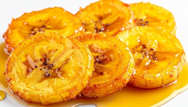 Stack of golden fried plantains. Authentic ivorian aloko street snack featuring beautifully caramelized round plantain slices stacked with a sprinkle of salt.