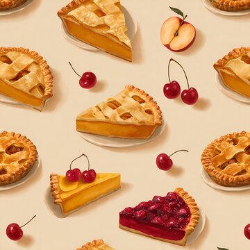 Seamless Pattern of Delicious Fruit Pies and Cherries Illustration