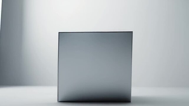 Abstract rotating metallic cube transformation on grey background